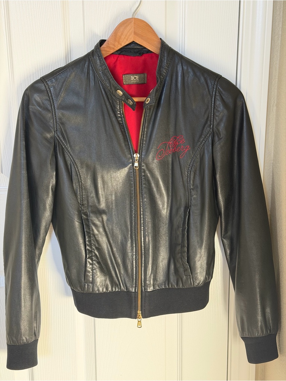 Iceberg Italian Black Leather Bomber Jacket with Red Lining